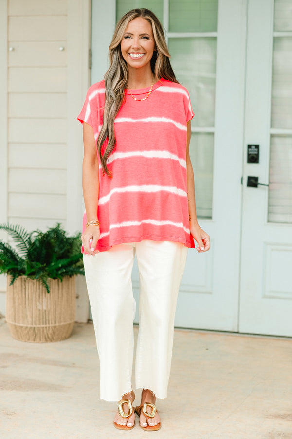 Chic Soul plus size clothing, neon pink white striped short sleeve casual top