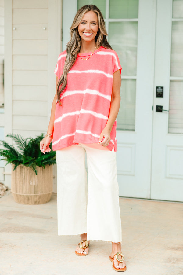 Chic Soul plus size clothing, neon pink white striped short sleeve casual top