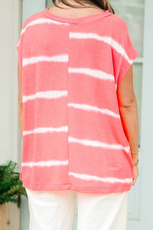 Chic Soul plus size clothing, neon pink white striped short sleeve casual top