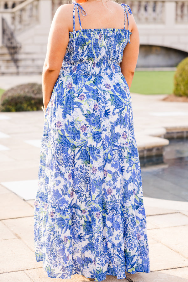 Chic Soul plus size clothing, cobalt blue maxi floral dress with smocked top