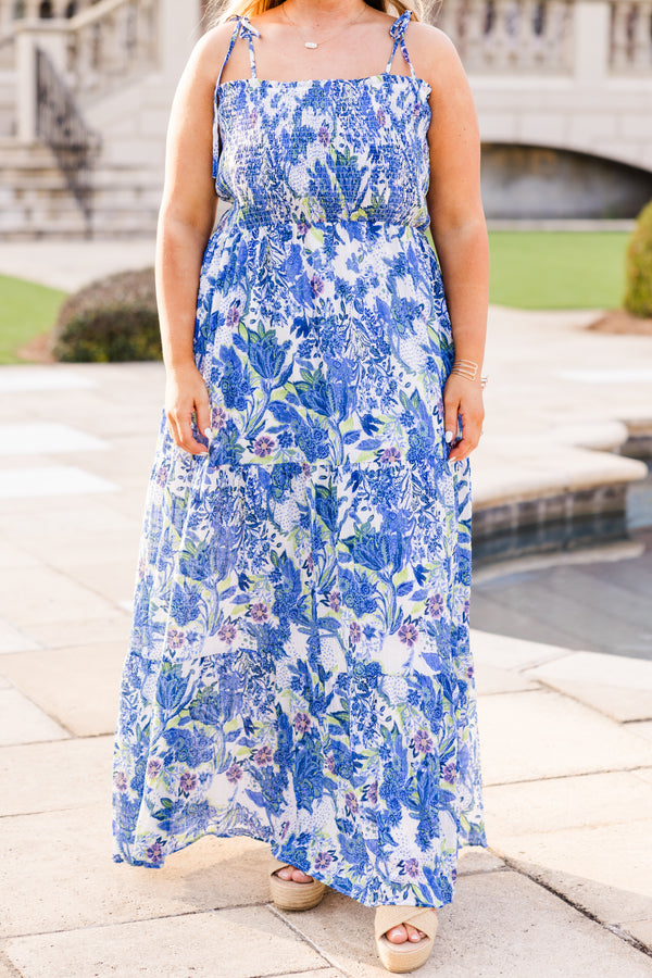 Chic Soul plus size clothing, cobalt blue maxi floral dress with smocked top