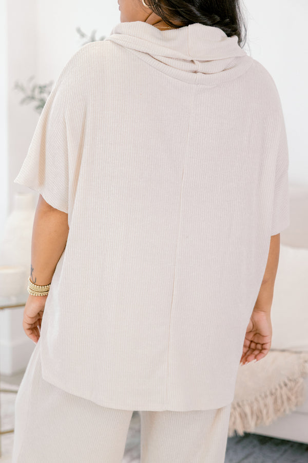 Chic Soul plus size clothing, oatmeal cowl neck short sleeve sweater top and straight leg flowy pants matching set