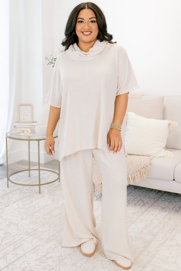 Chic Soul plus size clothing, oatmeal cowl neck short sleeve sweater top and straight leg flowy pants matching set