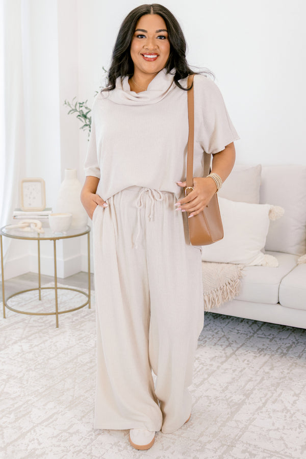 Chic Soul plus size clothing, oatmeal cowl neck short sleeve sweater top and straight leg flowy pants matching set