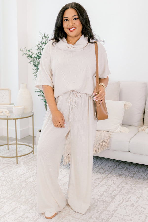 Chic Soul plus size clothing, oatmeal cowl neck short sleeve sweater top and straight leg flowy pants matching set