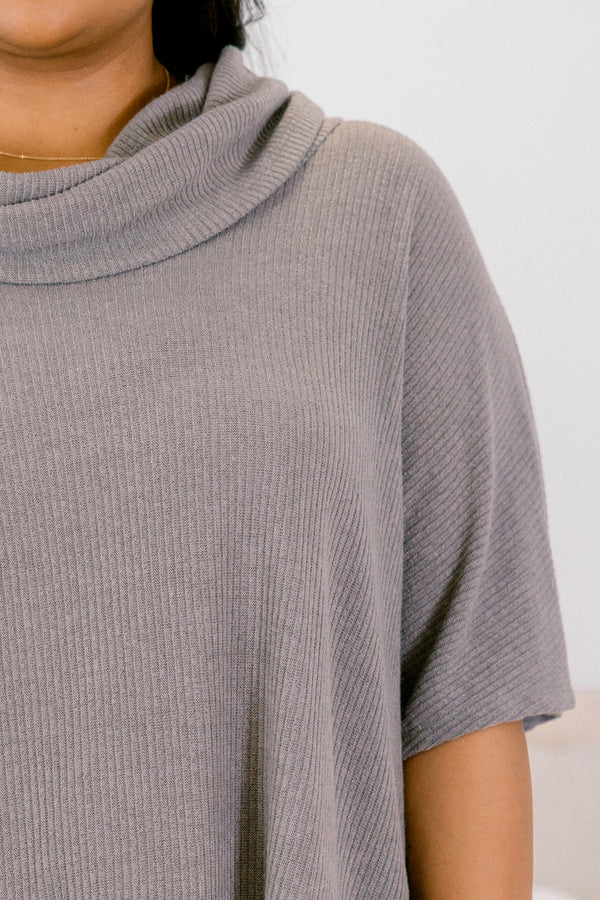 Chic Soul plus size clothing, heather gray short sleeve cowl neck top and flowy pants set