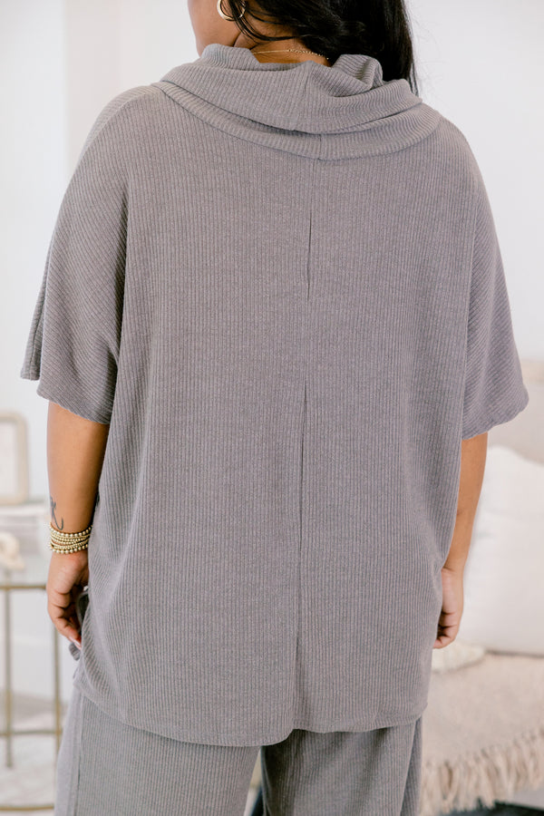 Chic Soul plus size clothing, heather gray short sleeve cowl neck top and flowy pants set