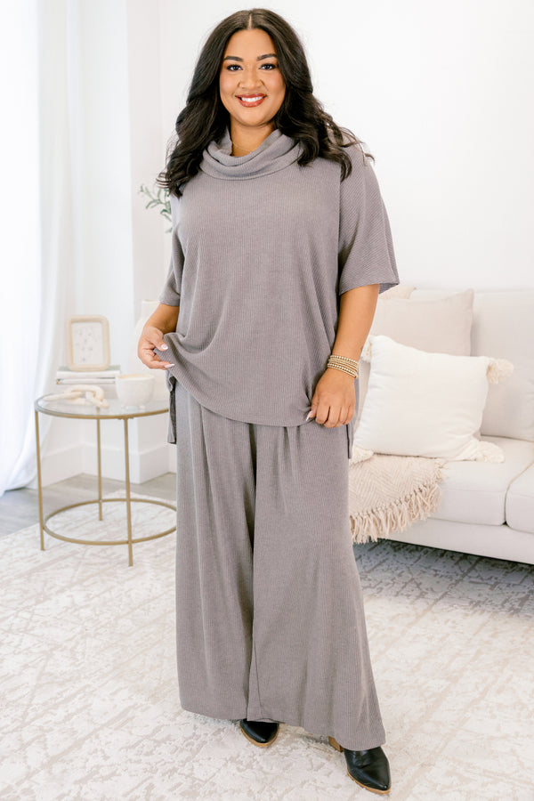 Chic Soul plus size clothing, heather gray short sleeve cowl neck top and flowy pants set