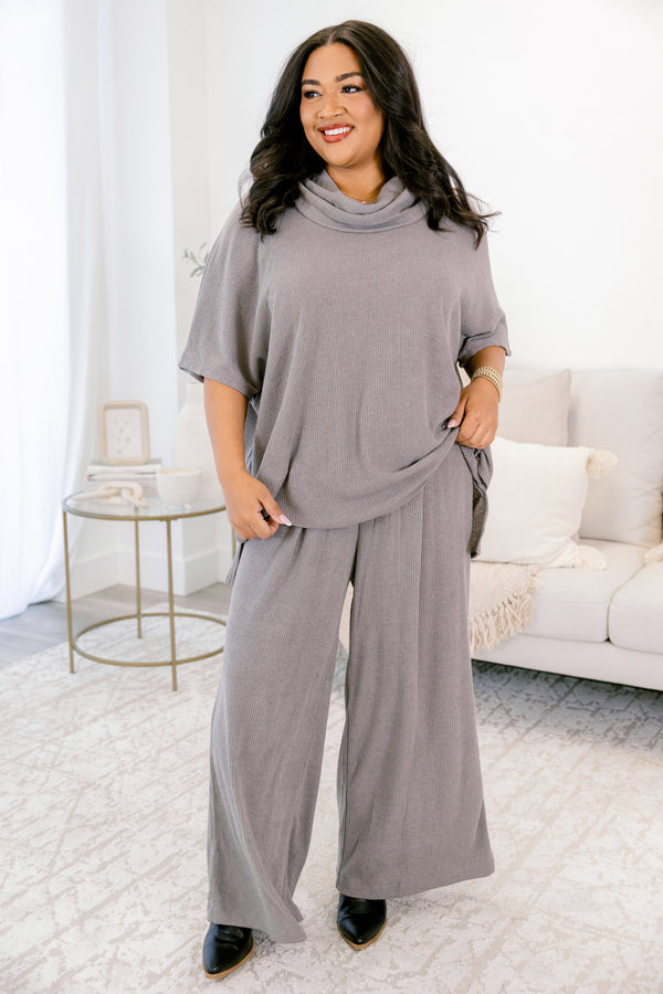 Chic Soul plus size clothing, heather gray short sleeve cowl neck top and flowy pants set