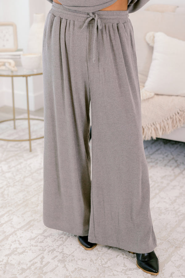 Chic Soul plus size clothing, heather gray short sleeve cowl neck top and flowy pants set