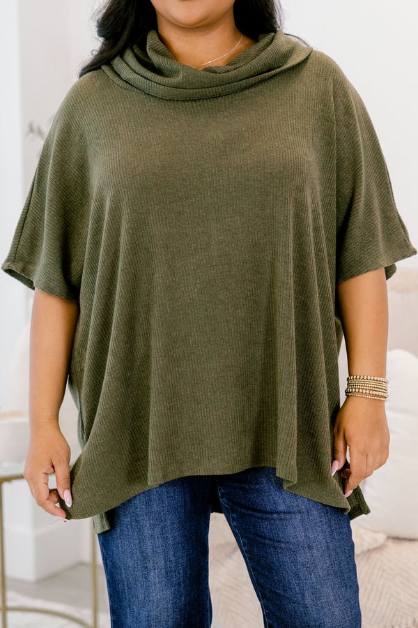 Chic Soul plus size clothing, olive green turtle neck short sleeve sweater top and straight leg flowy pants matching set