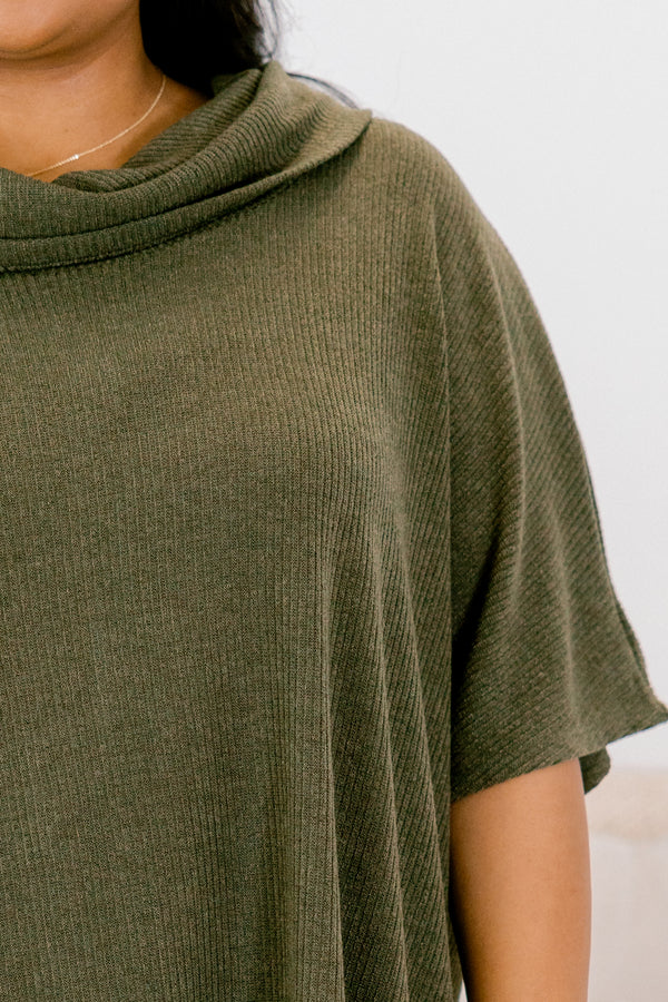 Chic Soul plus size clothing, olive green turtle neck short sleeve sweater top and straight leg flowy pants matching set