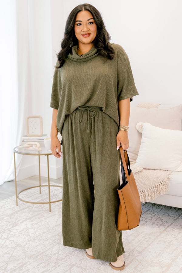 Chic Soul plus size clothing, olive green turtle neck short sleeve sweater top and straight leg flowy pants matching set