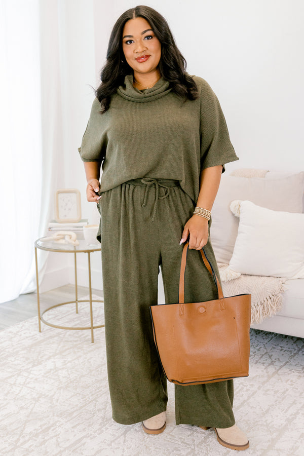 Chic Soul plus size clothing, olive green turtle neck short sleeve sweater top and straight leg flowy pants matching set