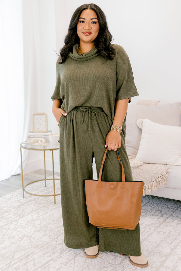 Chic Soul plus size clothing, olive green turtle neck short sleeve sweater top and straight leg flowy pants matching set