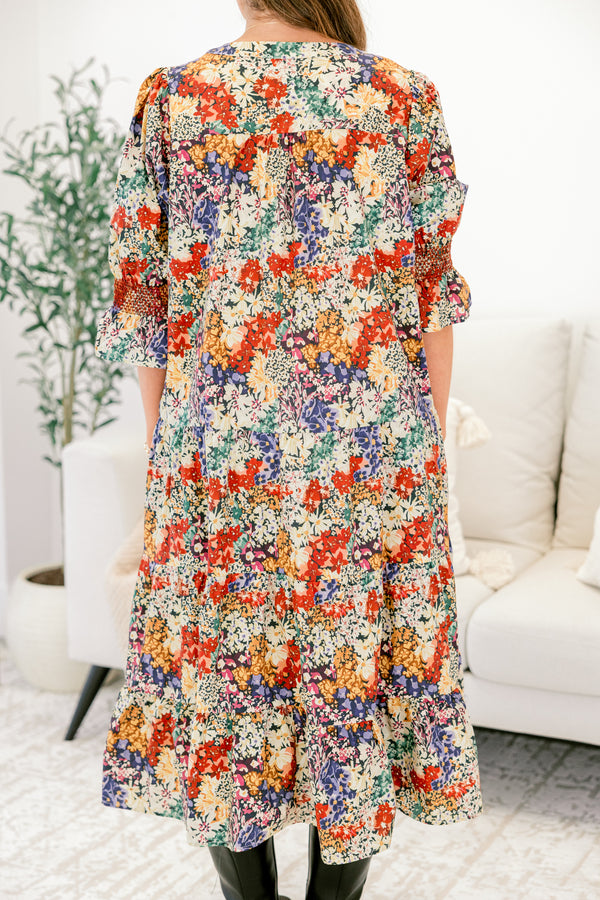 Chic Soul plus size clothing, multicolor floral print 1/2 sleeve tiered maxi dress with subtle v neckline and cinching at the sleeve