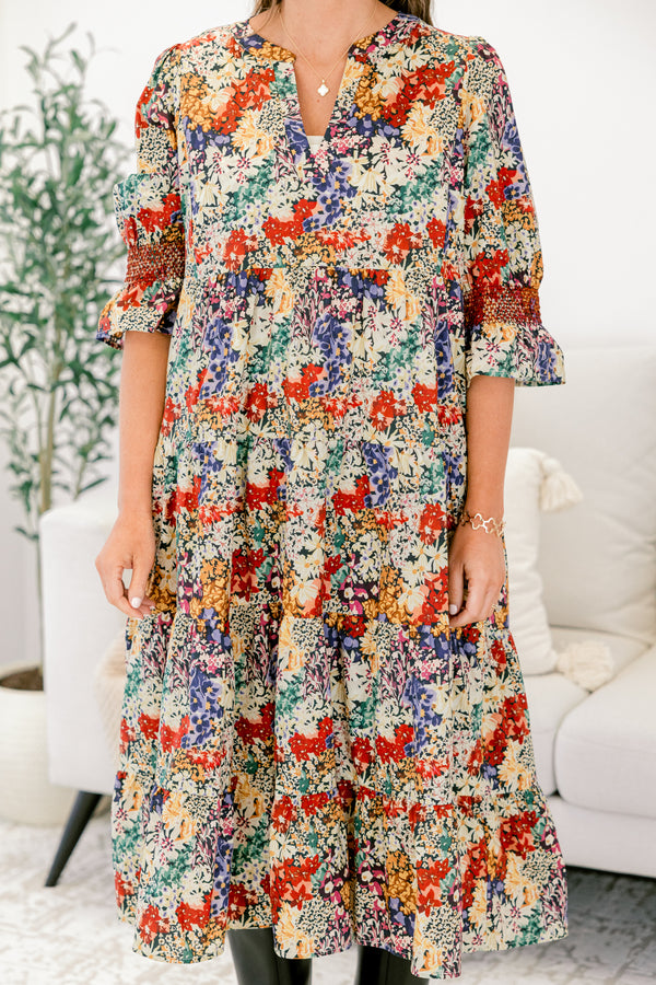 Chic Soul plus size clothing, multicolor floral print 1/2 sleeve tiered maxi dress with subtle v neckline and cinching at the sleeve