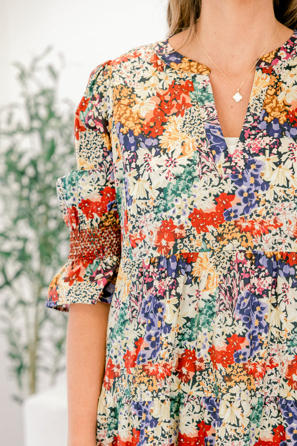 Chic Soul plus size clothing, multicolor floral print 1/2 sleeve tiered maxi dress with subtle v neckline and cinching at the sleeve