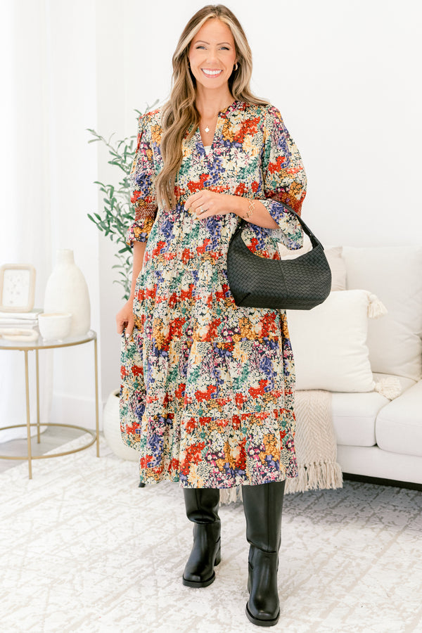 Chic Soul plus size clothing, multicolor floral print 1/2 sleeve tiered maxi dress with subtle v neckline and cinching at the sleeve