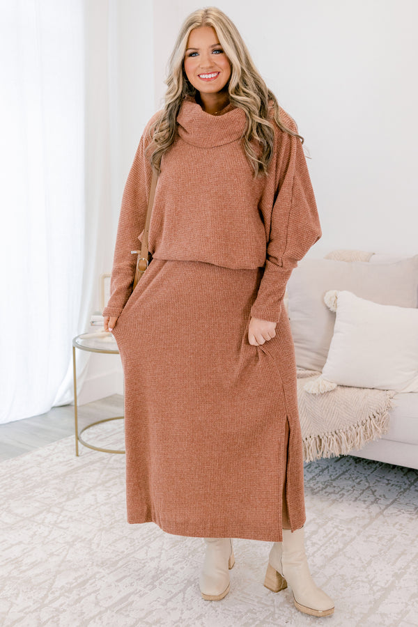 Chic Soul plus size clothing, brown turtle neck chunky sweater and maxi dress set