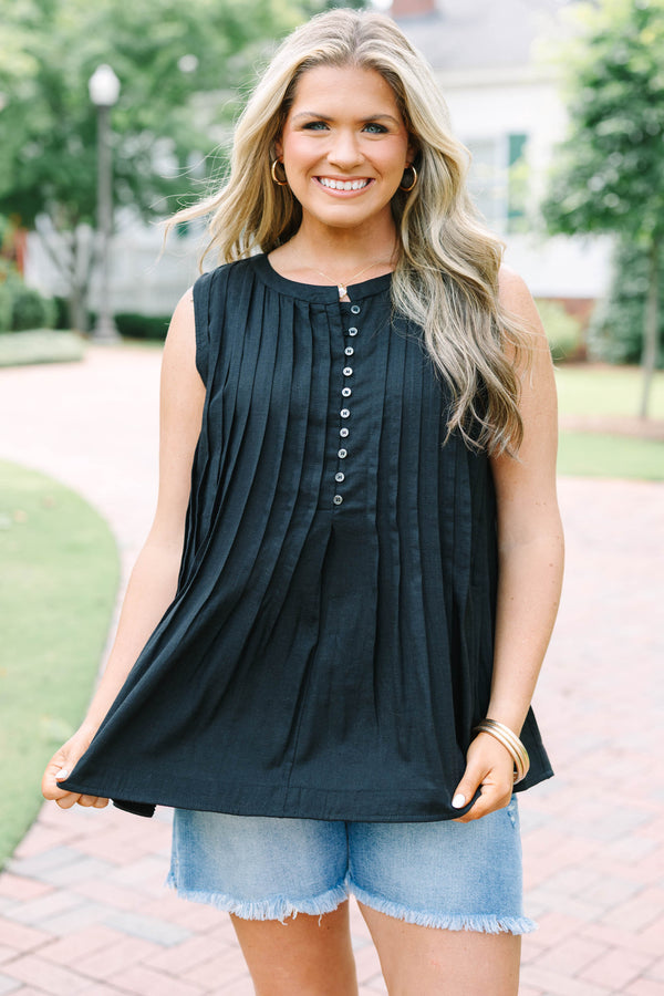 Plus Size black sleeveless top with vertical pleats, a button-down front, and a round neckline.