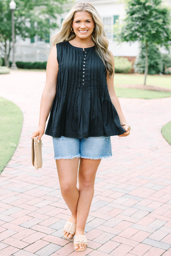 Plus Size black sleeveless top with vertical pleats, a button-down front, and a round neckline.