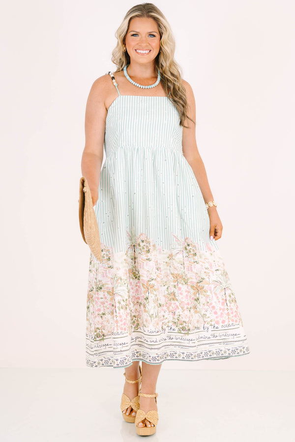 Plus Size sea blue striped midi dress with a floral postcard print hem and beaded straps.