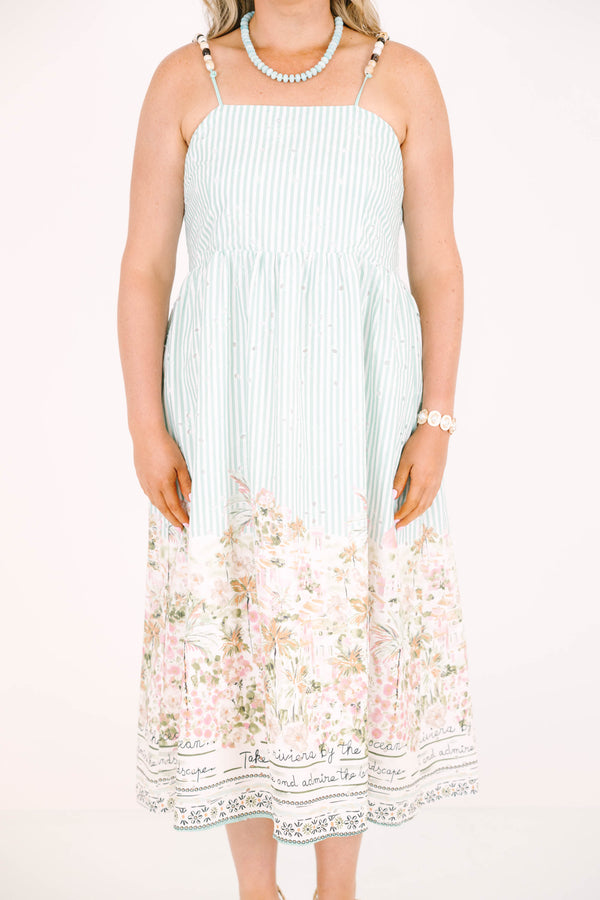 Plus Size sea blue striped midi dress with a floral postcard print hem and beaded straps.