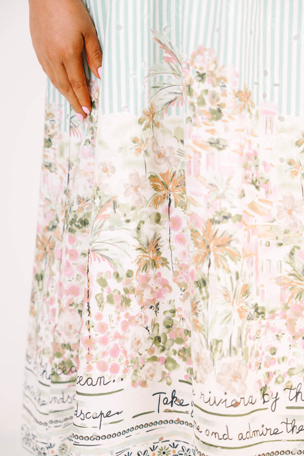 Plus Size sea blue striped midi dress with a floral postcard print hem and beaded straps.