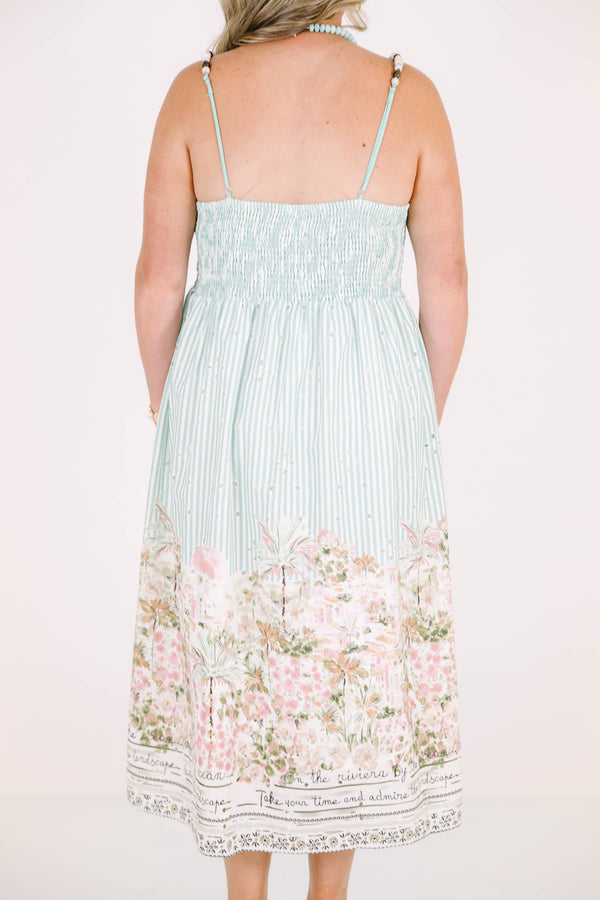 Plus Size sea blue striped midi dress with a floral postcard print hem and beaded straps.