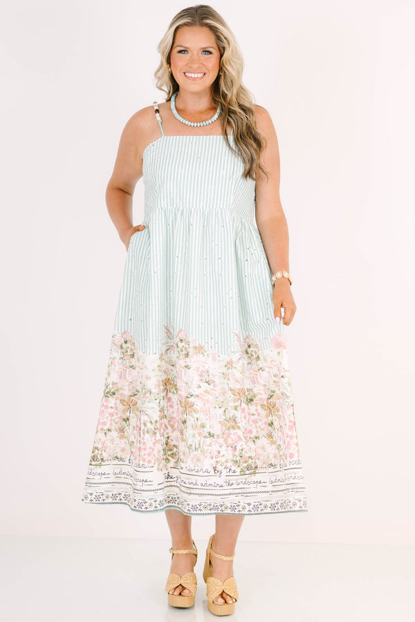 Plus Size sea blue striped midi dress with a floral postcard print hem and beaded straps.