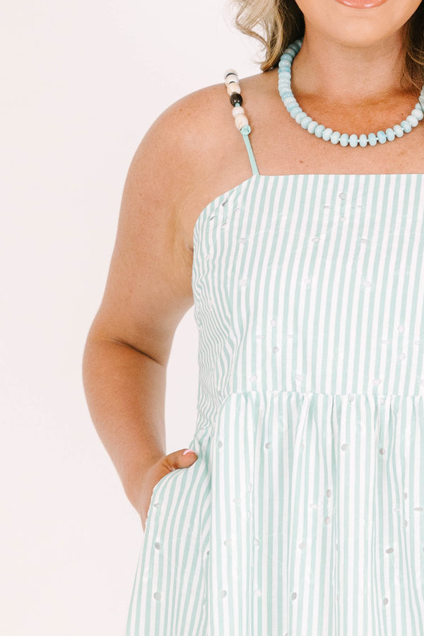 Plus Size sea blue striped midi dress with a floral postcard print hem and beaded straps.