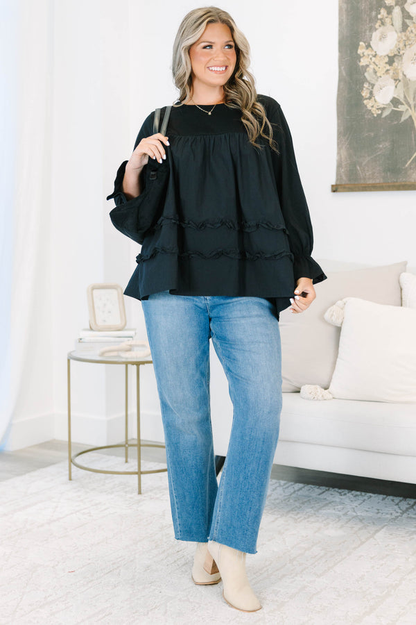 Plus Size black 100% cotton top with long ruffle-cuff sleeves and tiered ruffle details.