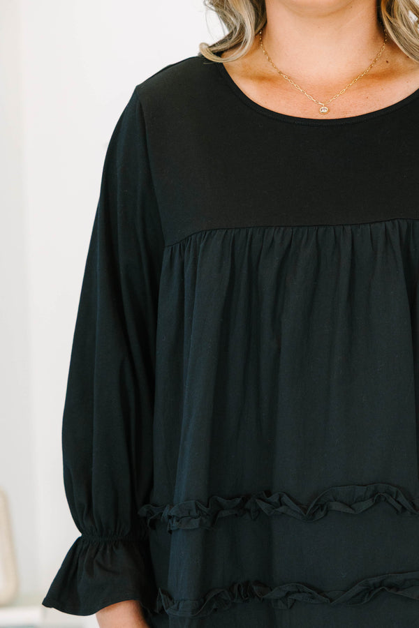 Plus Size black 100% cotton top with long ruffle-cuff sleeves and tiered ruffle details.