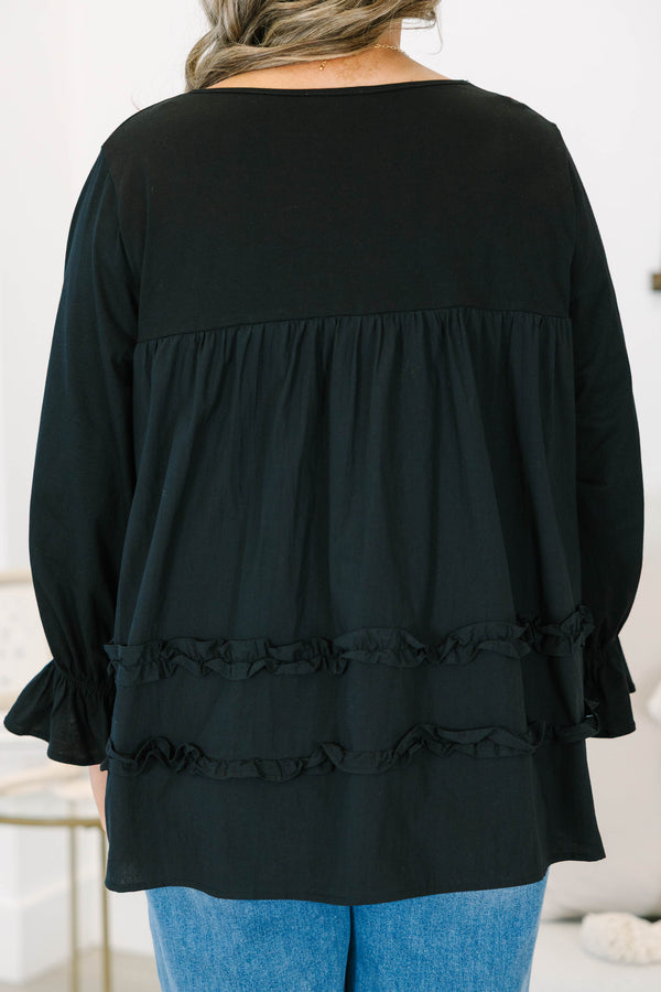 Plus Size black 100% cotton top with long ruffle-cuff sleeves and tiered ruffle details.