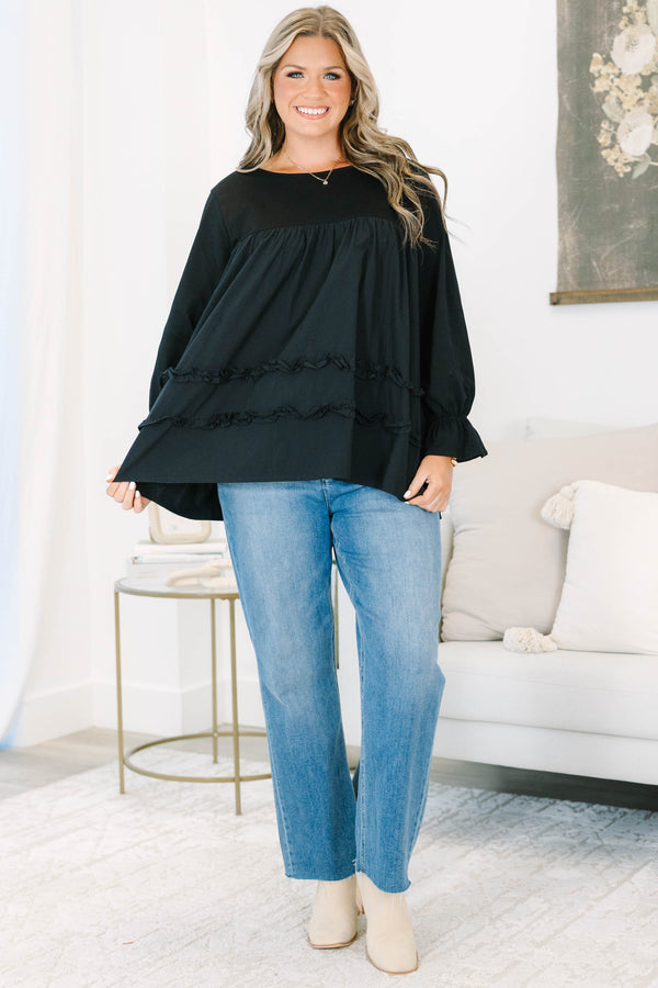 Plus Size black 100% cotton top with long ruffle-cuff sleeves and tiered ruffle details.