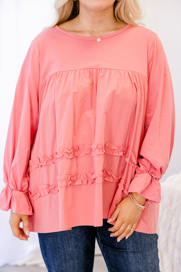 Chic Soul plus size clothing, pink long sleeve top with ruffles on the sleeves and on the bottom of the shirt