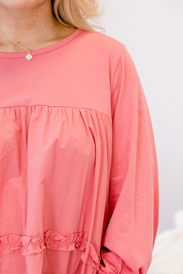 Chic Soul plus size clothing, pink long sleeve top with ruffles on the sleeves and on the bottom of the shirt