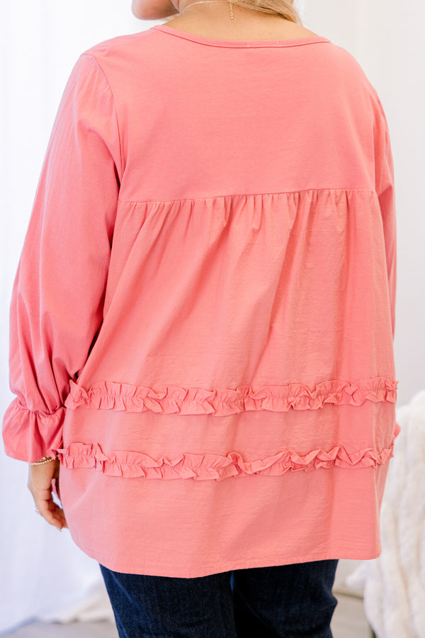 Chic Soul plus size clothing, pink long sleeve top with ruffles on the sleeves and on the bottom of the shirt