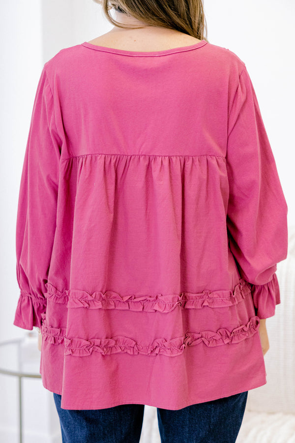 Chic Soul plus size clothing, magenta long sleeve baby doll top with ruffles at the bottom and at the sleeves