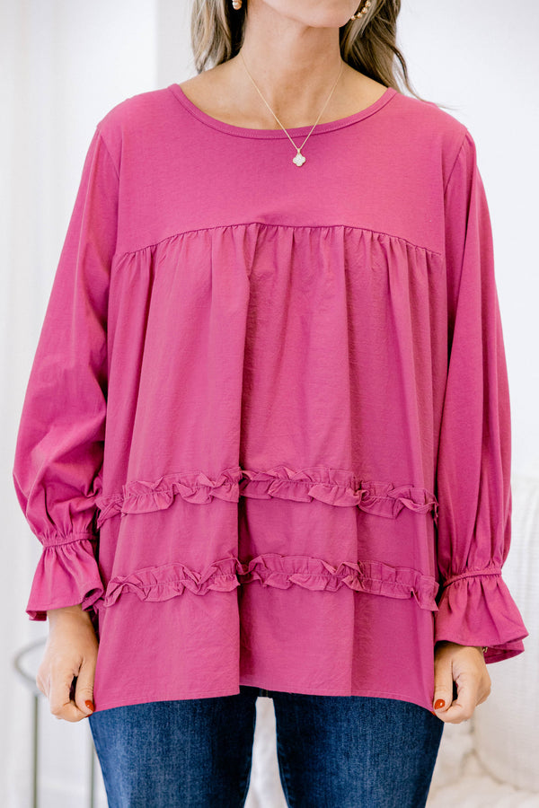 Chic Soul plus size clothing, magenta long sleeve baby doll top with ruffles at the bottom and at the sleeves