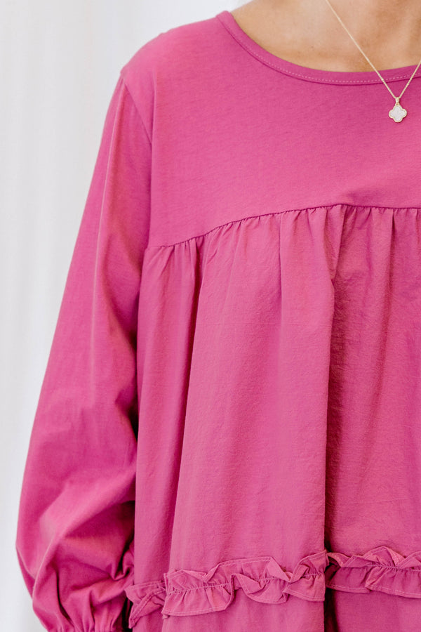 Chic Soul plus size clothing, magenta long sleeve baby doll top with ruffles at the bottom and at the sleeves