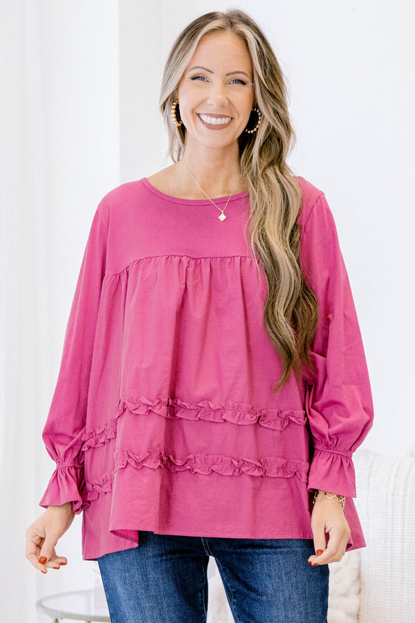 Chic Soul plus size clothing, magenta long sleeve baby doll top with ruffles at the bottom and at the sleeves