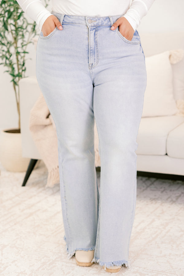 Chic Soul plus size clothing, light wash straight leg jeans with frayed hem