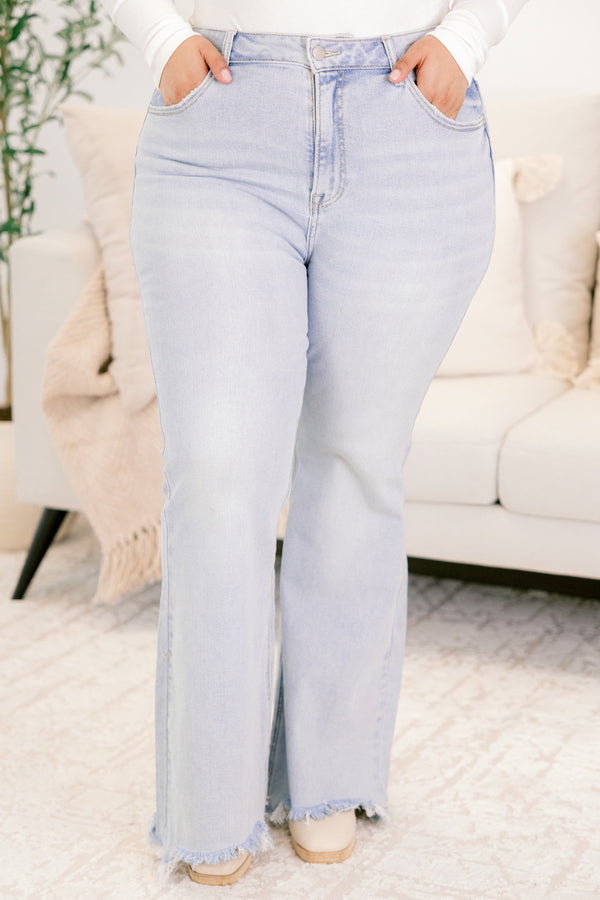 Chic Soul plus size clothing, light wash straight leg jeans with frayed hem