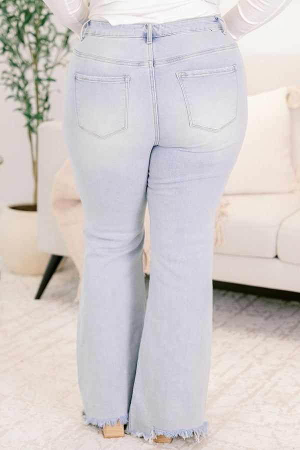 Chic Soul plus size clothing, light wash straight leg jeans with frayed hem