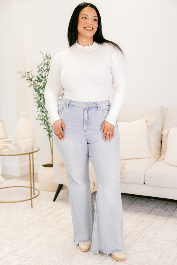 Chic Soul plus size clothing, light wash straight leg jeans with frayed hem