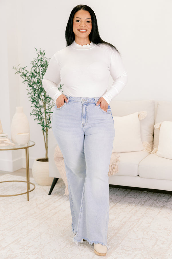 Chic Soul plus size clothing, light wash straight leg jeans with frayed hem