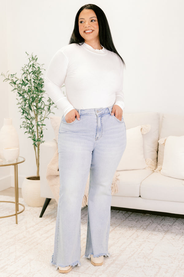 Chic Soul plus size clothing, light wash straight leg jeans with frayed hem