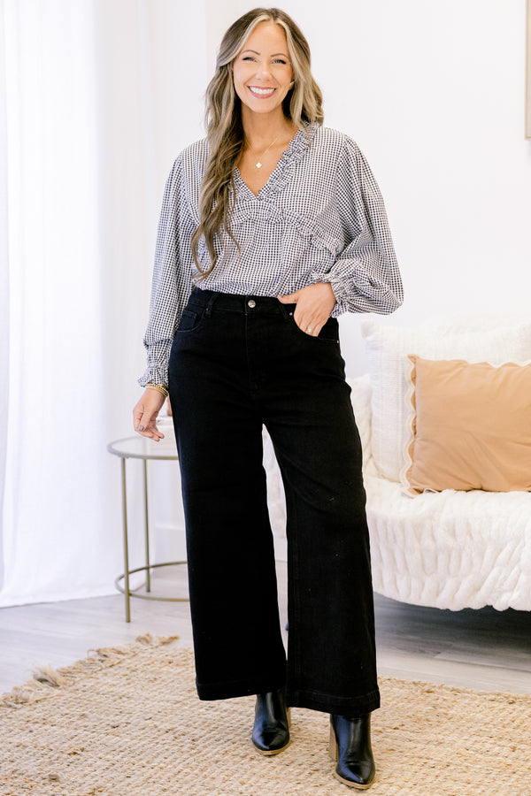 Chic Soul plus size clothing, black high rise straight leg jeans with finished hem